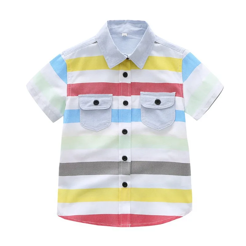 Summer Boys Cute Striped Shirts Kids Boy Cotton Short Sleeve Turn-down Collar Buttoned Casual Tees School Children Clothing 1-5Y - Цвет: A