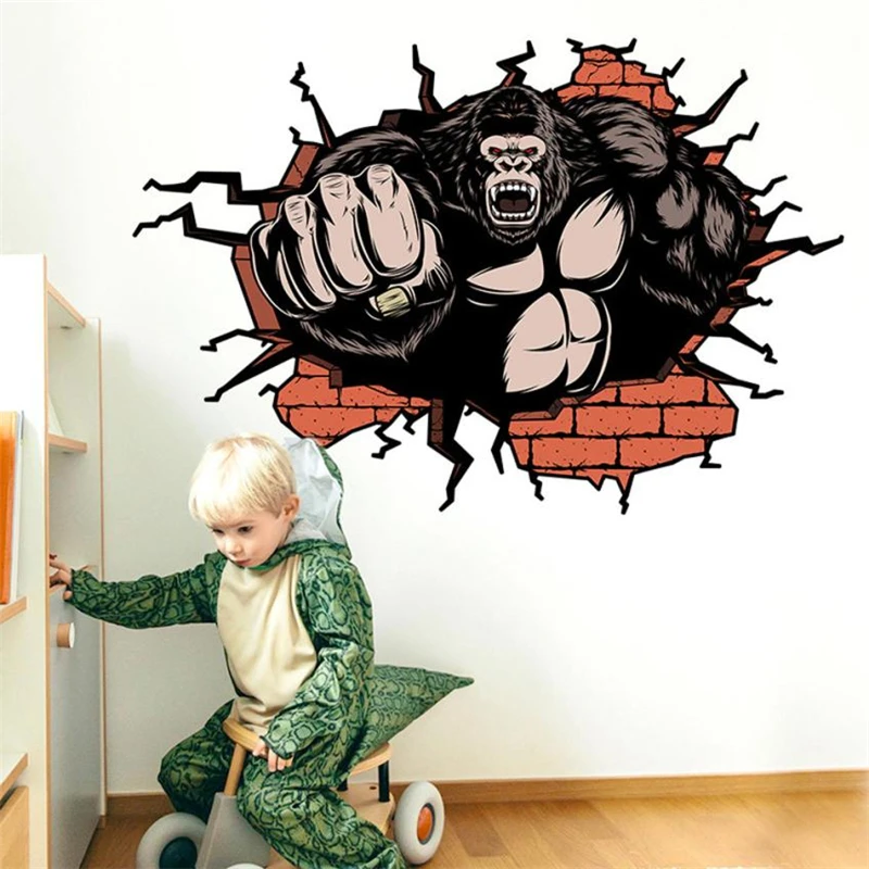 2018 New Creative  3D Wall Broken Orangutan Background Wall Decoration Non-toxic Removable Wall Sticker C0331#30                04