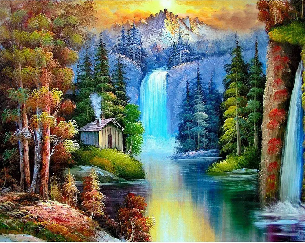 Buy 5D Diamond Embroidery House Landscape Waterfall