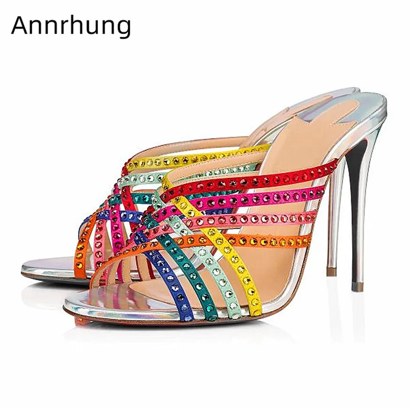 

Cross Narrow Band High Heels Rainbow Color Slippers Women Sexy Peep Toe Stiletto Heels Studded Rhinestone Shoes Woman Slides