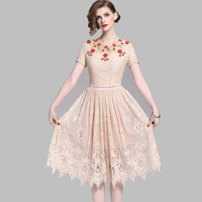 HAMALIEL/роскошное летнее кружевное платье с коротким рукавом для женщин, украшенное бисером, с цветочным узором, открытые вечерние платья, винтажное элегантное платье с вышивкой