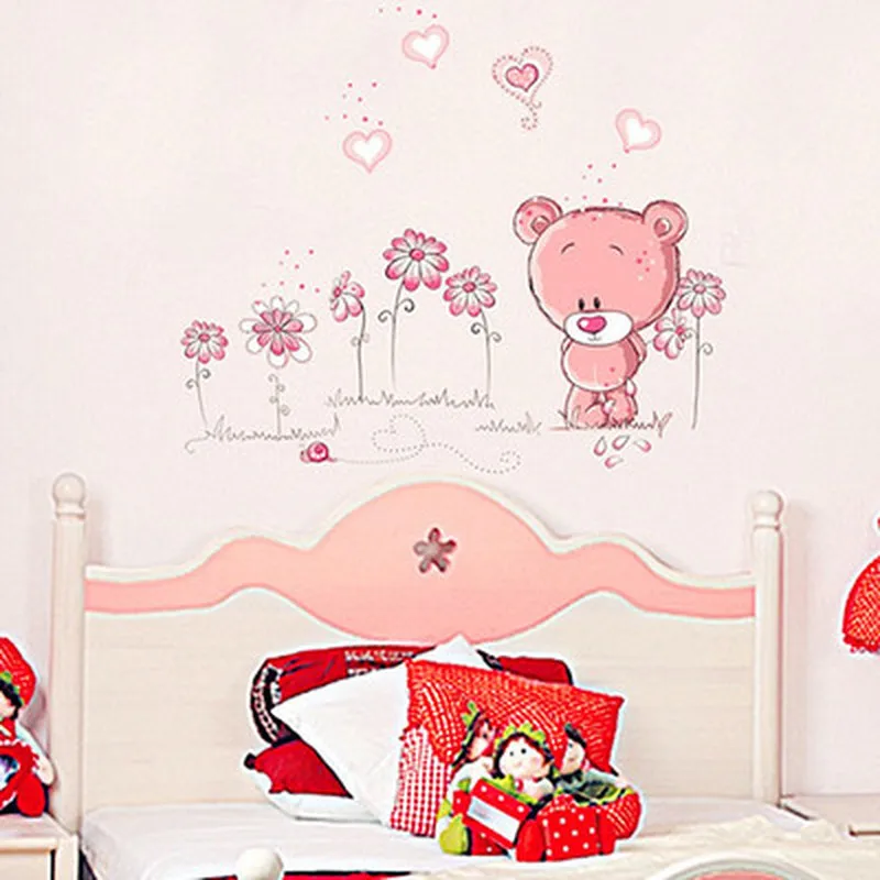 Cute Pink Cartoon Animal Love Bear Flower Baby Children Bedroom Room Decor Wall Stickers Kids Nursery Decal Sticker Girl Gift