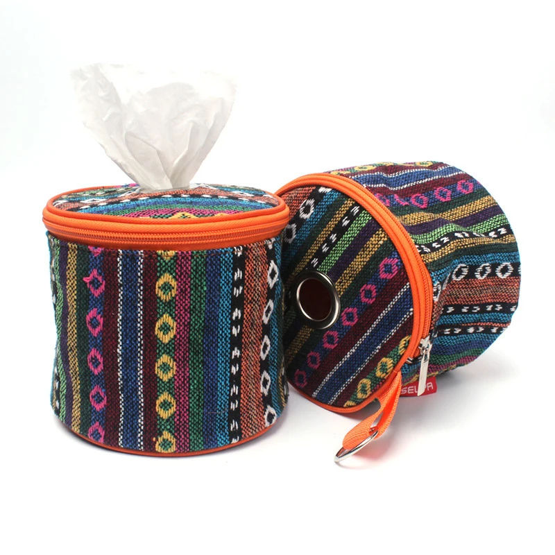

Portable Roll Paper boxes Foldable Car Home Bohemia Style Cylinder Shaped Tissue Box Container Outdoor Napkin Tissue Holder