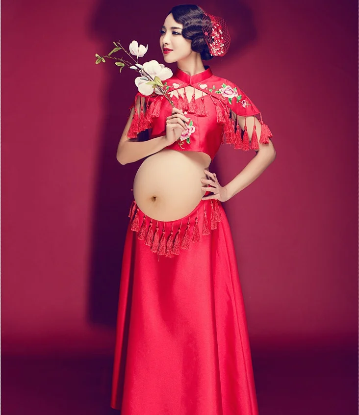 

Maternity Chinese style Gown Size Stretch red Maternity Dress for Shoot Split Front Photo Props Baby Shower Gift Dresses