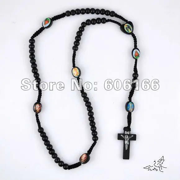 48 шт./лот черные деревянные четки бусы ожерелье кулон в форме Креста с Иисусом ожерелье s дерево религиозный крест ювелирные изделия