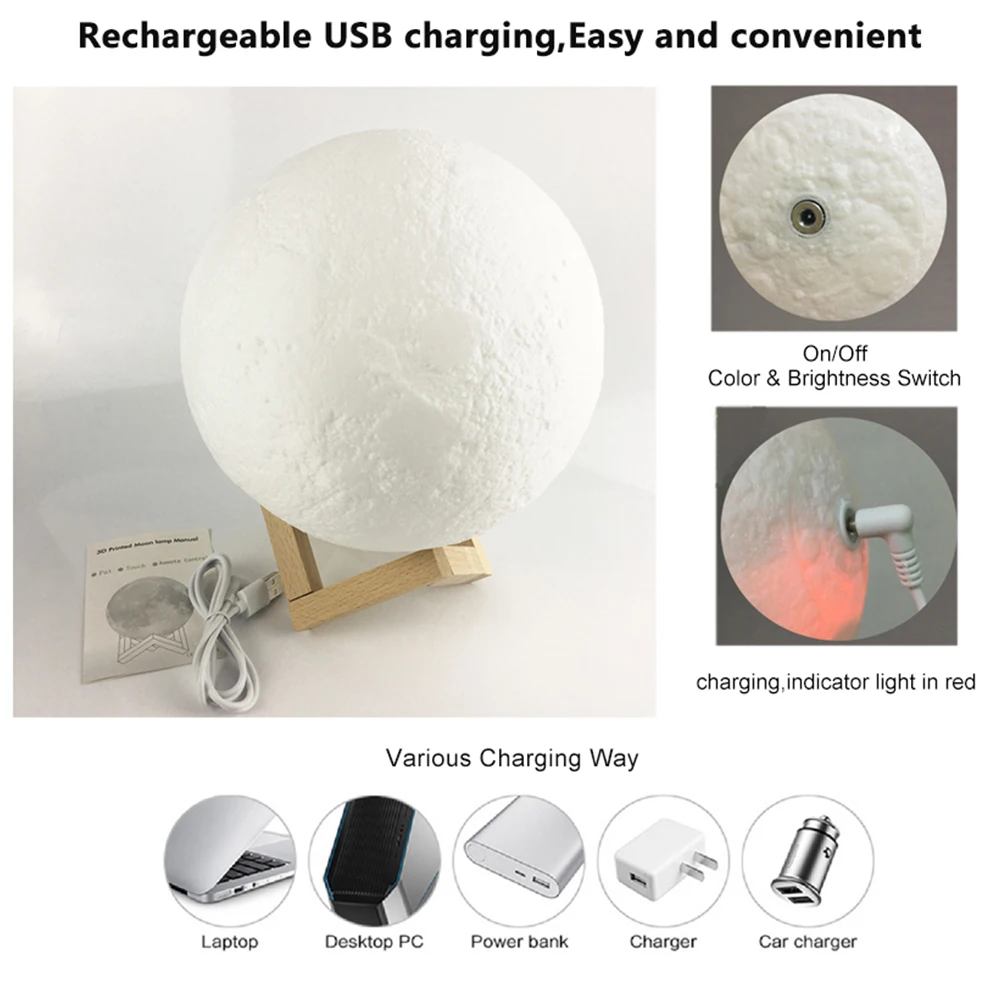  3D Print Moon Lamp Colorful Change USB Rechargeable Moon Light Touch Switch LED Night Light Bedroom - 33023427983
