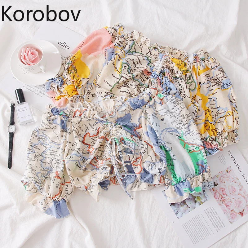 

Korobov 2019 Summer New Fashion Map Print Blouse Streetwear Harajuku Short Sleeve Crop Shirts Korean Drawstring Blusas 78652