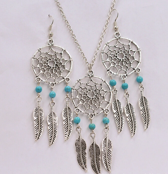 Fashion Jewelry Sets Antique Silver"Dreamcatcher Stone beads feathers