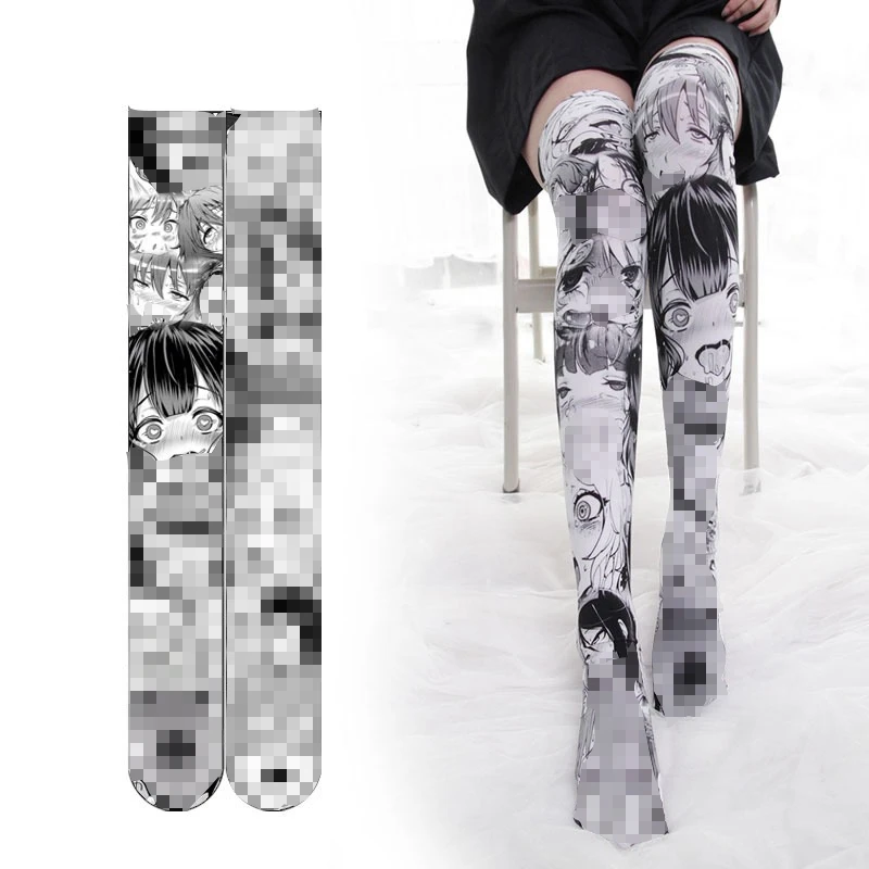 Чулки с принтом аниме Ahegao, Лолита, готический стиль, бархатные колготки выше колена, носки для девочек
