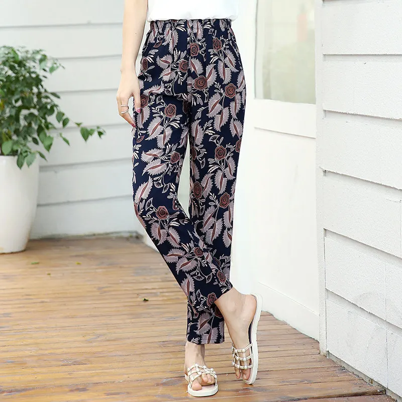 Модные длинные летние брюки с эластичным поясом и принтом, брюки карандаш свободного покроя размера плюс, женские брюки с высокой талией, брюки XL-5XL - Цвет: 22