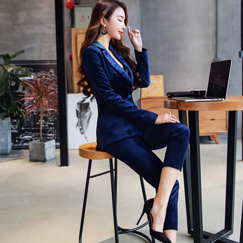 Blazer Arrivée Vintage Nouvelle 2018 Élégantes Femmes Haute Qualité Conçoit Dames Bureau Hzirip Velours Les Pantalon D'affaires Bleu Costumes De Costume Uniforme Aq0nWwEd