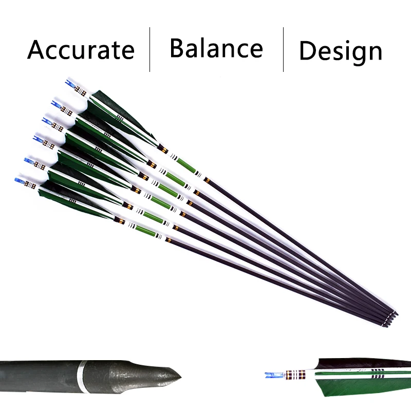 6PCS-Pure-Carbon-Arrow-Length-31-5-Inches-Spine-500-Dark-Green-Turkish-Feather-Recurve-Bow (2)