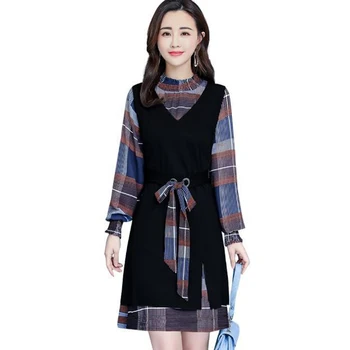 

Spring Autumn Women Fashion 2 Two Piece Set Female Knitted Sleeveless Tops + Plaid Dress Sets Ladies Plus Size 4XL Tracksuit X05