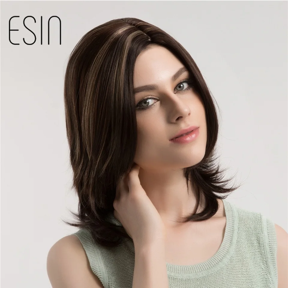 Esin Medium Length Straight Bob Wig With Ends Curly Dark