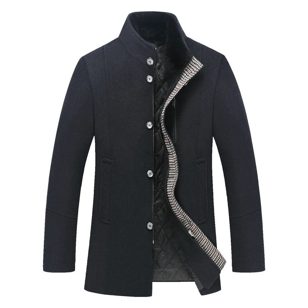 Casual Stand Collar Real Fur Collar Mens Wool Jackets And Coats Long Thick Wool Coat Winter Jacket Men