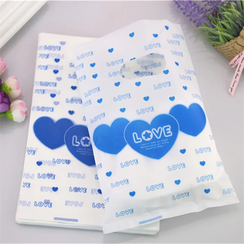 New Style Wholesale 100pcs/lot 15*20cm Blue Lovely Heart Plastic Package Bags Favor Christmas Candy Packaging Bags
