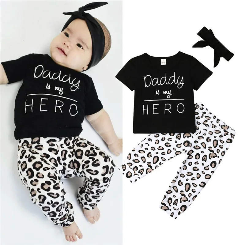 Costume imprimé léopard pour nouvelle fille | Costumes papa my Hero avec lettres imprimées, ensemble 2 pièces, vêtements Pudcoco pour bébés filles 3 pièces