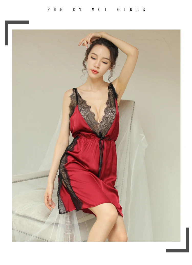 (Платье + T Строка) атласная ночная шелк Для женщин Ночные сорочки кружева сексуальная одежда для сна, пижама ночная рубашка летние пижамы