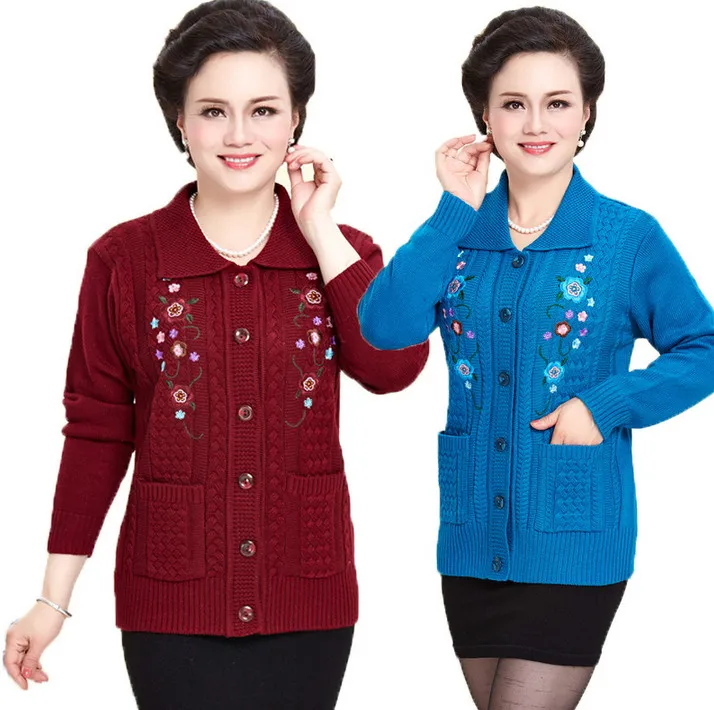 

knitted cardigan women coats sweater 2019 fall winter new middle old age mother embroidery knitwear tops grandma jumper
