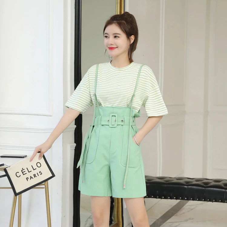 

Young lady sumer clothes set female loose short sleeve stripe T-shirt+cotton strap dress (overalls)twinset women suits sholesale