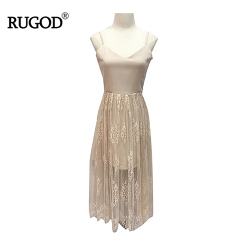 Женское кружевное платье RUGOD длинное однотонное с треугольным вырезом 2019|Платья|