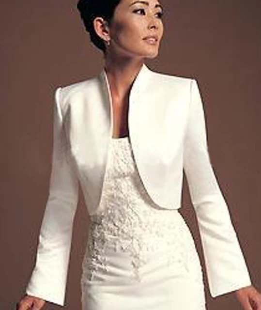 Wejanedress Élégant Ivoire Satin Pleine Manches Châle Bolero Veste Pour