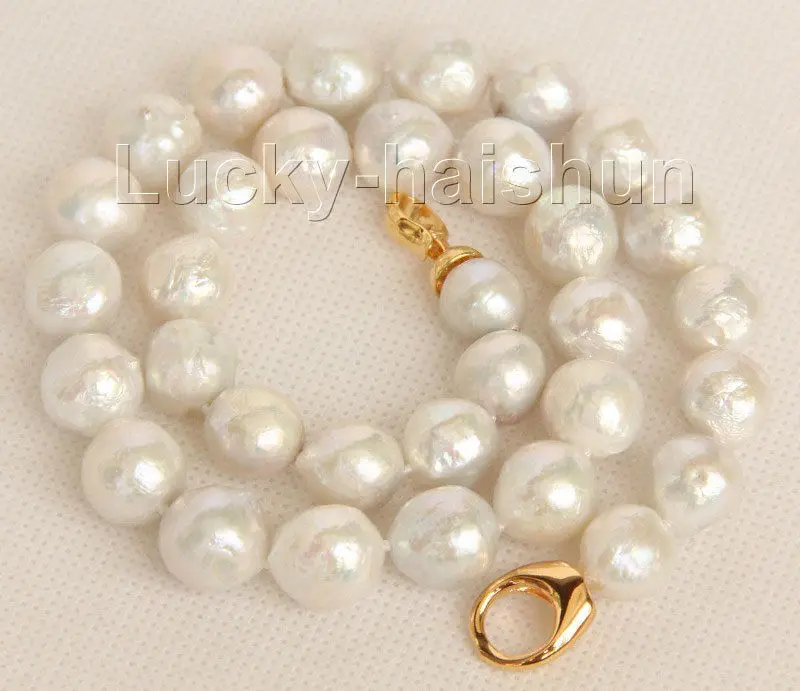 

FREE shipping> 18" 13mm near round white Reborn keshi pearls necklace filled gold j9804 6.07
