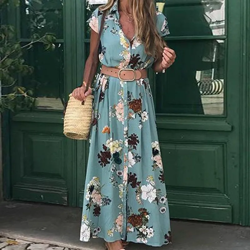 Женское летнее богемное длинное платье с отложным воротником и коротким рукавом на пуговицах с цветочным принтом