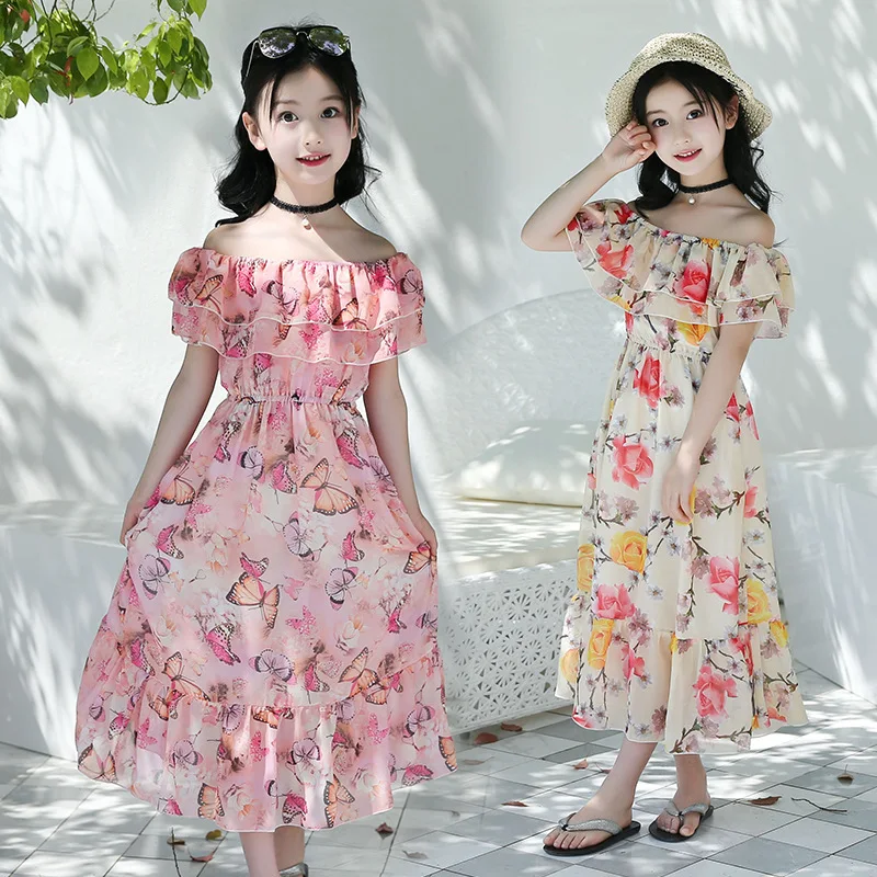 Летние Макси платья для сарафаны для девочек с открытыми плечами Бабочка Цветочный Дети богемное пляжное платье для детей нарядное платье