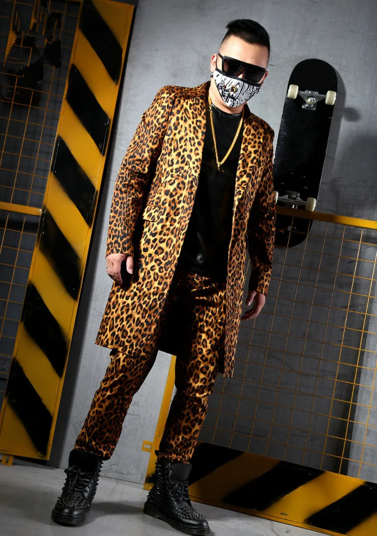 Модный Леопардовый длинный костюм куртки блейзеры мужские костюмы бар ночной клуб певец DJ сценический наряд рок хип хоп Рок костюмы
