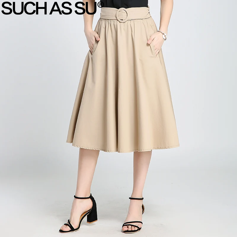 

SUCH AS SU 2017 Summer Autumn Knit A-Line Skirts For Women Black Khaki Brown Pleated Skirt Elastic Waist Female Mid Long Skirt