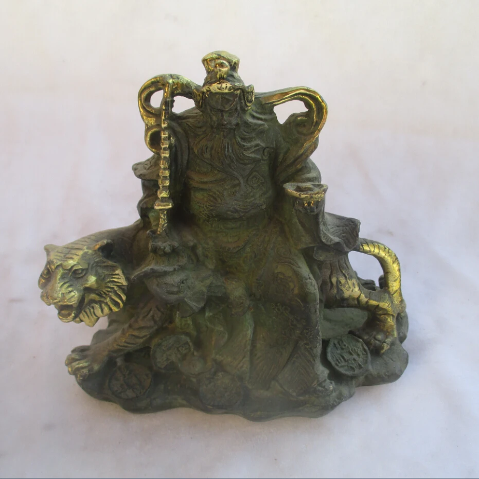 

Chinese Old Bronze Gold gilt Carved Guan Gong ride the tiger Statue/ Antique Sculpture