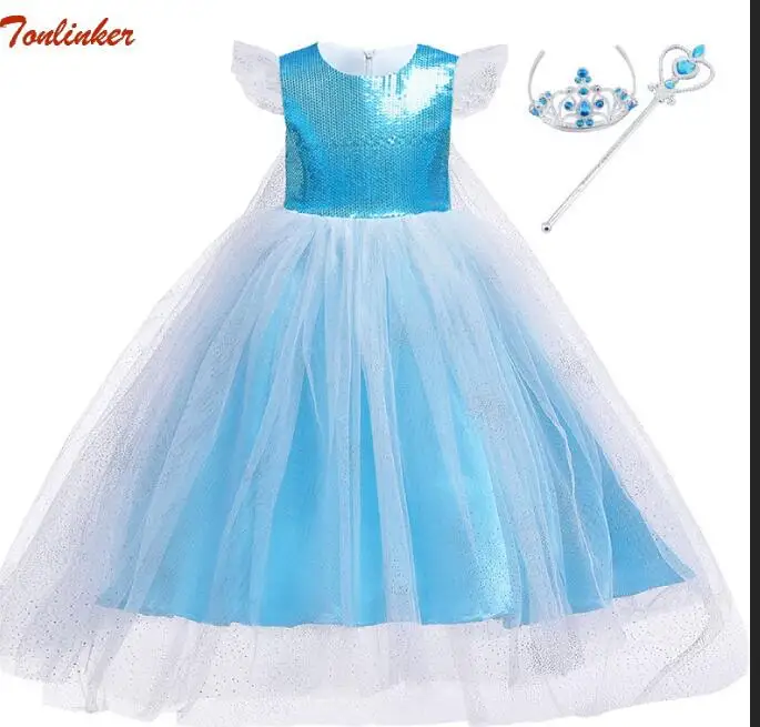 Необычные для маленьких девочек принцесса платье Эльзы с накидкой для девочек Костюмы одежда Косплэй Эльза костюм на Хэллоуин и Рождество вечерние корона синий - Цвет: style-C