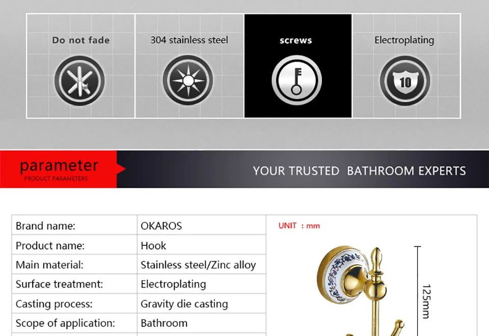 OKAROS крючок для халата, хромированный Золотой крючок из нержавеющей стали, вешалка для полотенец, крючок для пальто, декоративная настенная вешалка, аксессуары для ванной комнаты