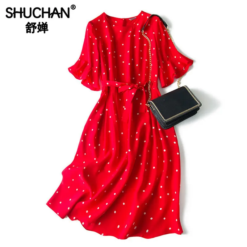 

Shuchan Dress with Polka Dots Knee-Length Butterfly Sleeve O-Neck Sashes Dresses Fashion 2019 Summer Red High Quality