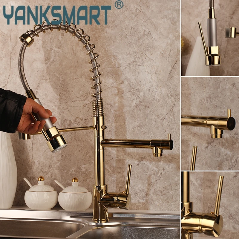 YANKSMART смеситель для кухни из твердой латуни с золотистой полировкой Поворотный