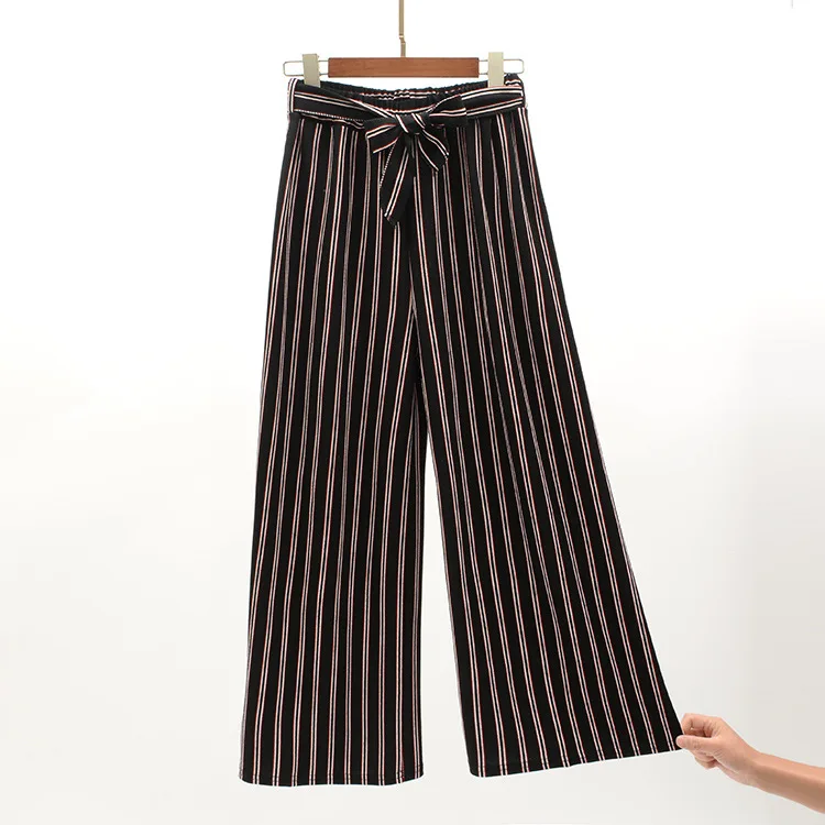 Woherb, летние корейские штаны для женщин, в полоску, с высокой талией, широкие брюки, повседневные, с эластичной талией, длиной до лодыжки, штаны с поясом 21066