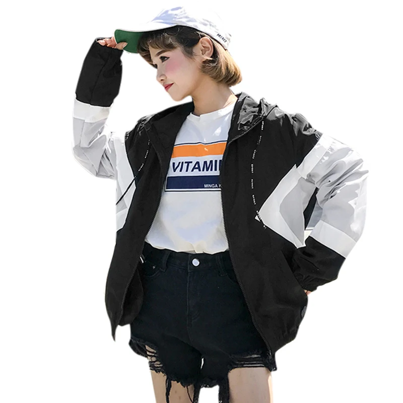 Fashion Women Hooded Jacket Contrast Color Long Sleeve