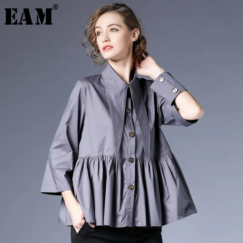 

[EAM] 2019 New Autumn Winter Lapel Hollow Out Long Sleeve Hem Fold Split Joint Loose Shirt Women Blouse Fashion Tide JG937