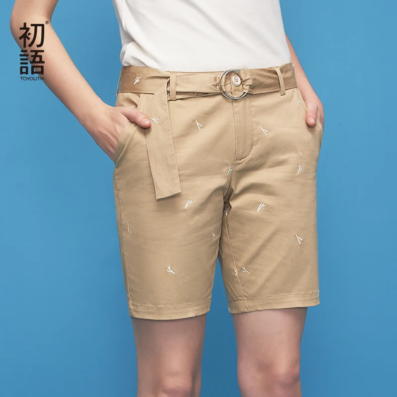

Toyouth 2019 Summer Women Korean Style Shorts Cute Branch Embroidery Straight Shorts Casual Loose Shorts Feminino with Belt