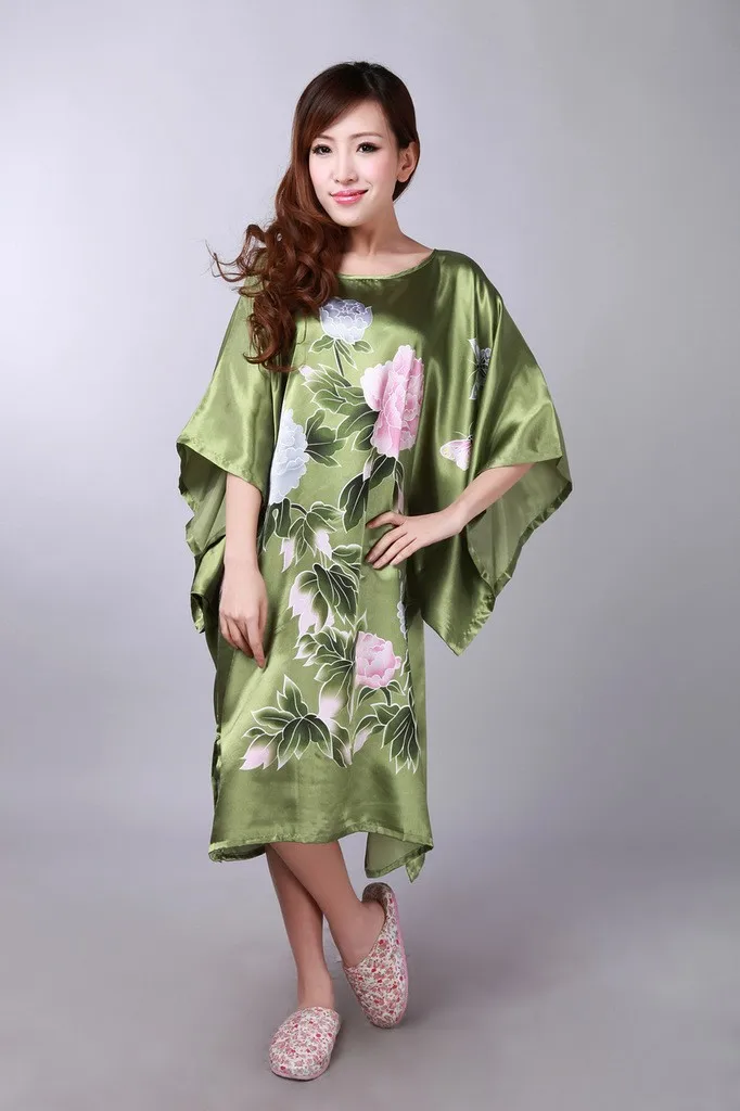Новое поступление Армейский зеленый Для женщин шелк район одеяние Ванна платье Ночная рубашка пижамы свободные весна Mujeres Pijama один размер