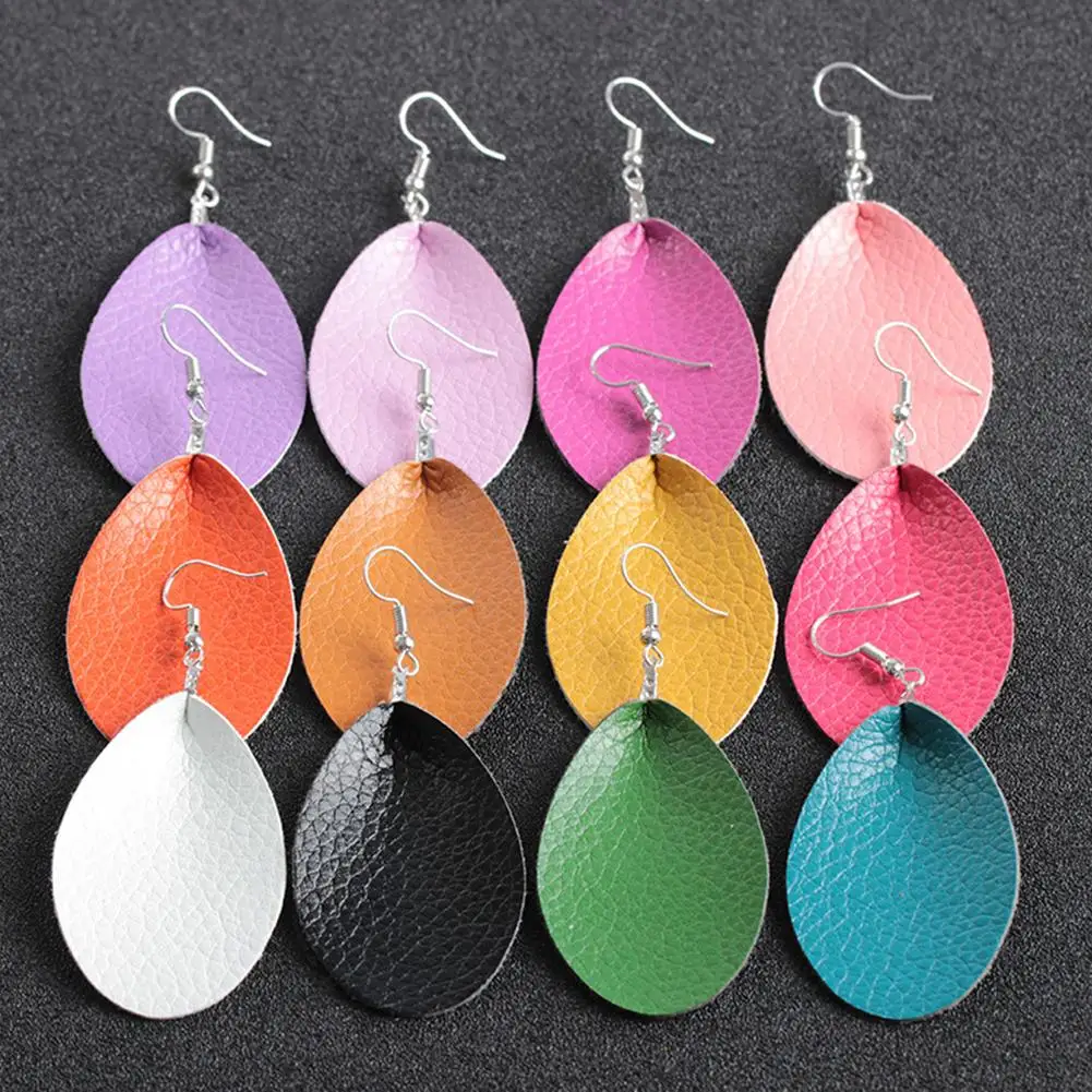 Women Faux Leather Water Drop Jewelry Party Club Hook Earrings Birthday Gift