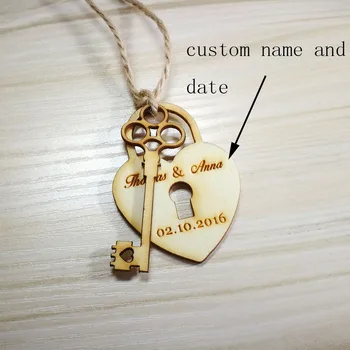 

50Personalized custom Engraved wedding name and date Love Heart Key and lock wooden Wedding CenterpiecesGift Tags Candy Tag