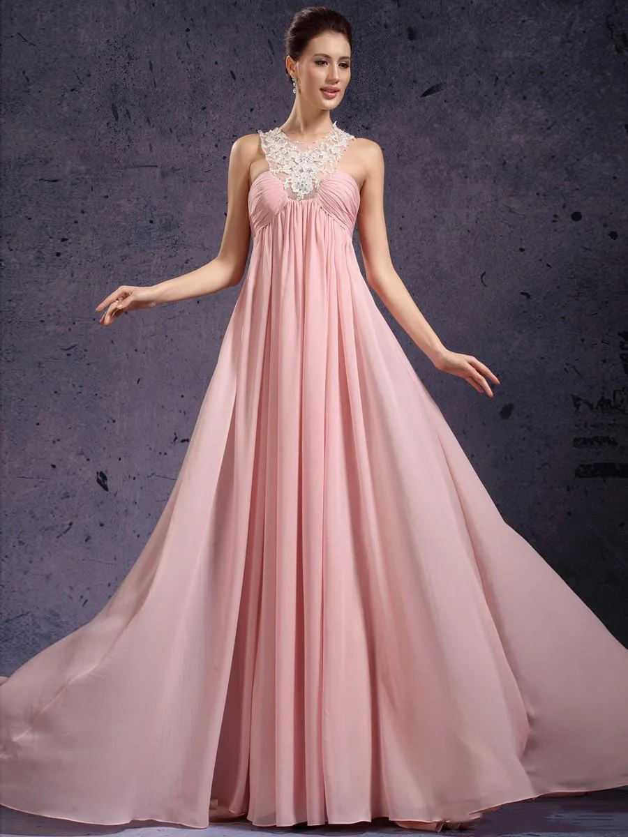 New Style Pretty Pink Lace Halter Evening Dresses Chiffon A-Line Formal Custom Made Simple Elegant Party Gowns | Свадьбы и торжества