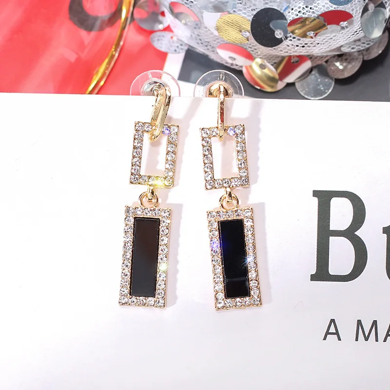 

Korean Handmade Silver Needles Anti-allergy Rectangle Rhinestone Drop Earrings Dangle Earrings Fashion Jewelry-BYD5