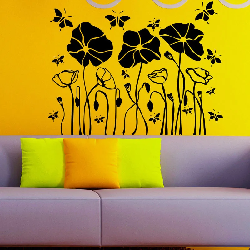 Zooyoo Papaveri Fiore Soggiorno Pvc Wall Stickers Farfalle Fioritura Fiore Decorazione Della Casa Wall Art Sticker