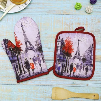 

1 Set Cotton Fashion Nordic Style Paris Tower Landscape Print Kitchen Cooking microwave gloves baking BBQ potholders Oven mitts