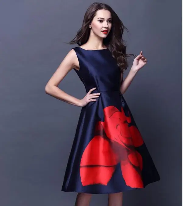 

2019 Women's Vintage Sleeveless Print Casual Evening Party Prom Swing Dress