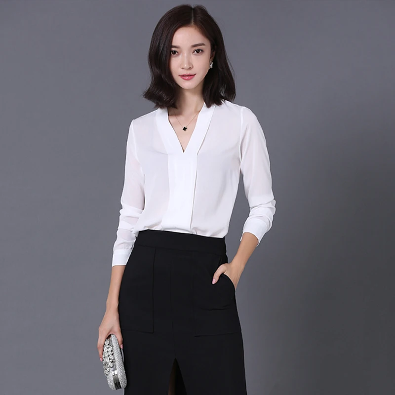 

Blouse Woman 2019 Autumn Office Lady Long Sleeve White Shirt elegant V Neck Solid Color Work Top Plus Size Female Clothing