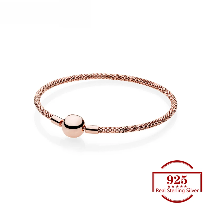 

925 Sterling Silver Rose Gold Mesh Woven Bracelet Trenddy Jewelry Fits Original Charm Bracelet for Women Party Lover Gift